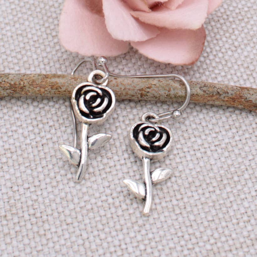 Single Rose Silver Flower Earrings