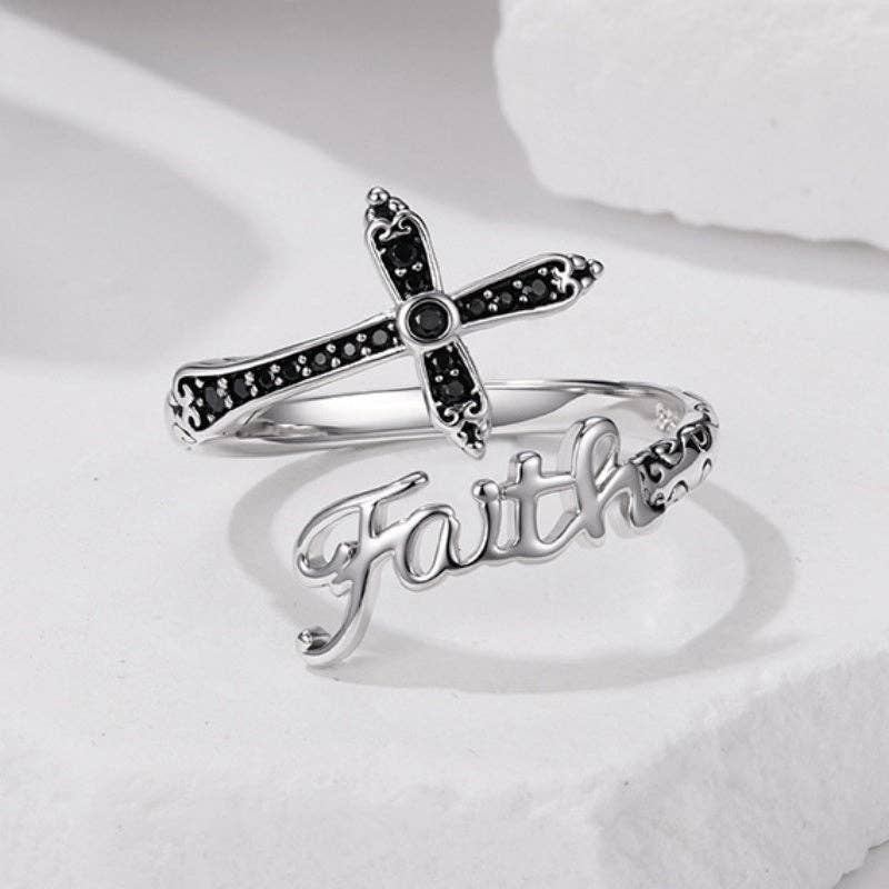 Vintage Black Stone Faith Cross Open Ring