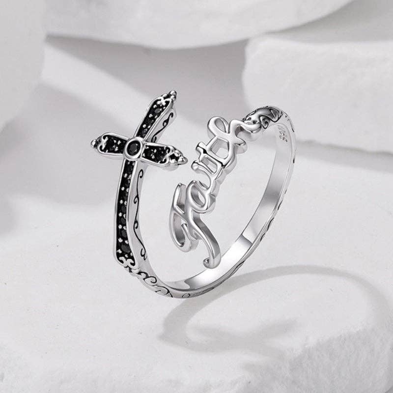 Vintage Black Stone Faith Cross Open Ring