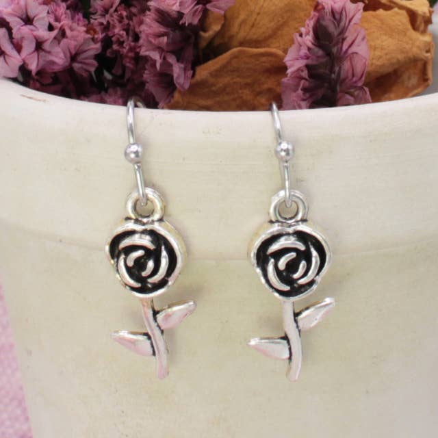 Single Rose Silver Flower Earrings