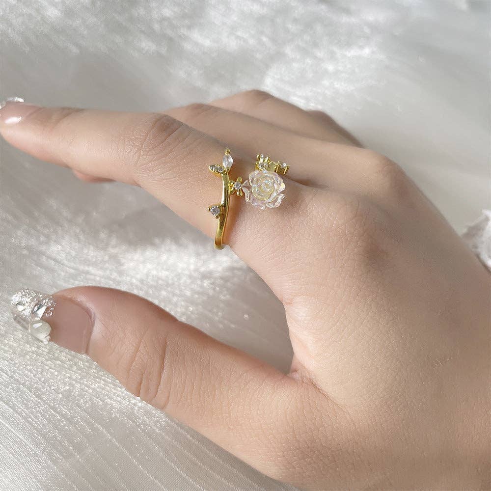 Opal Rose Flower Vine Leaf Adjustable Ring (Solid Copper)