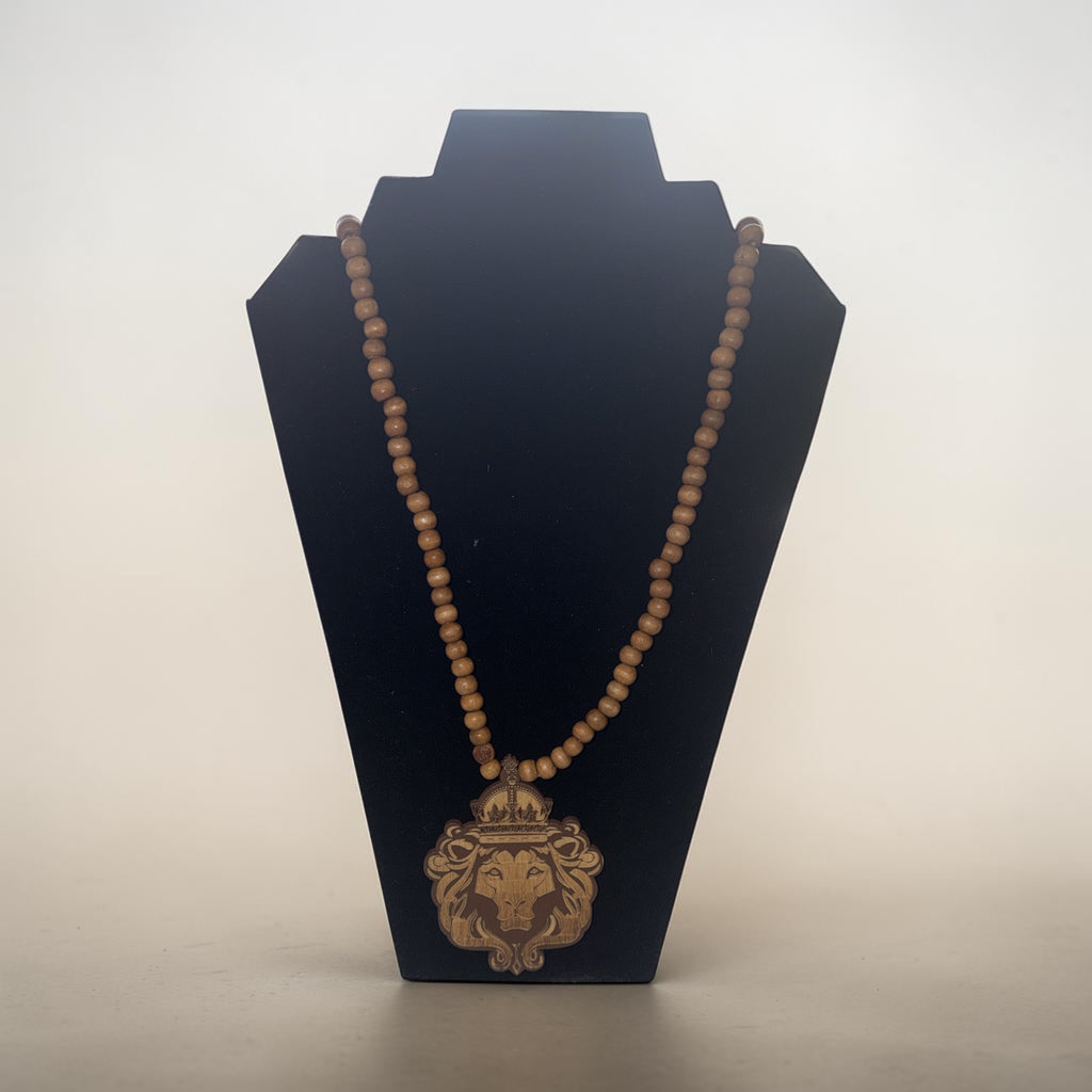 Crowned Lion Wooden Bead Necklace – Royalty, Strength & Purpose
