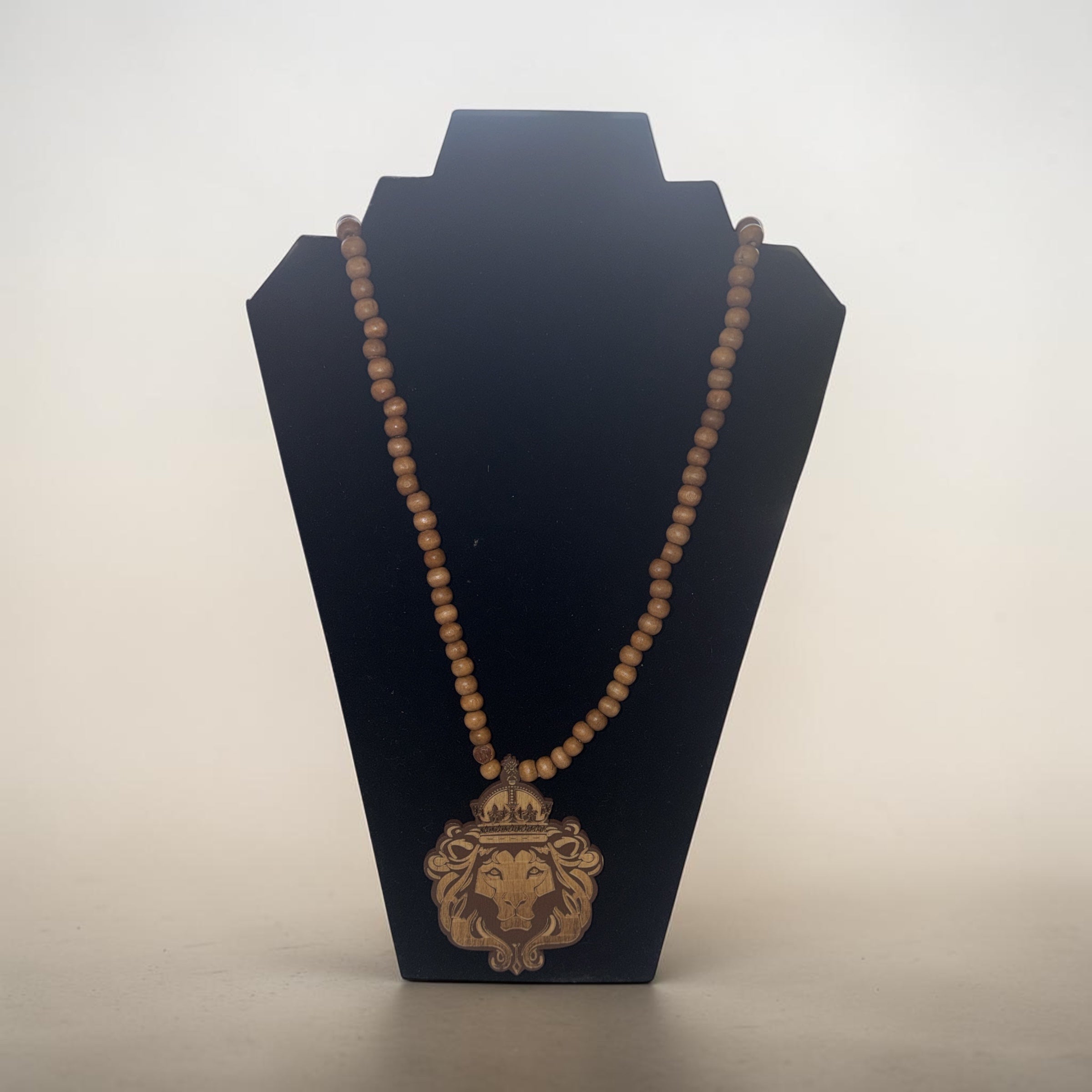 Crowned Lion Wooden Bead Necklace – Royalty, Strength & Purpose