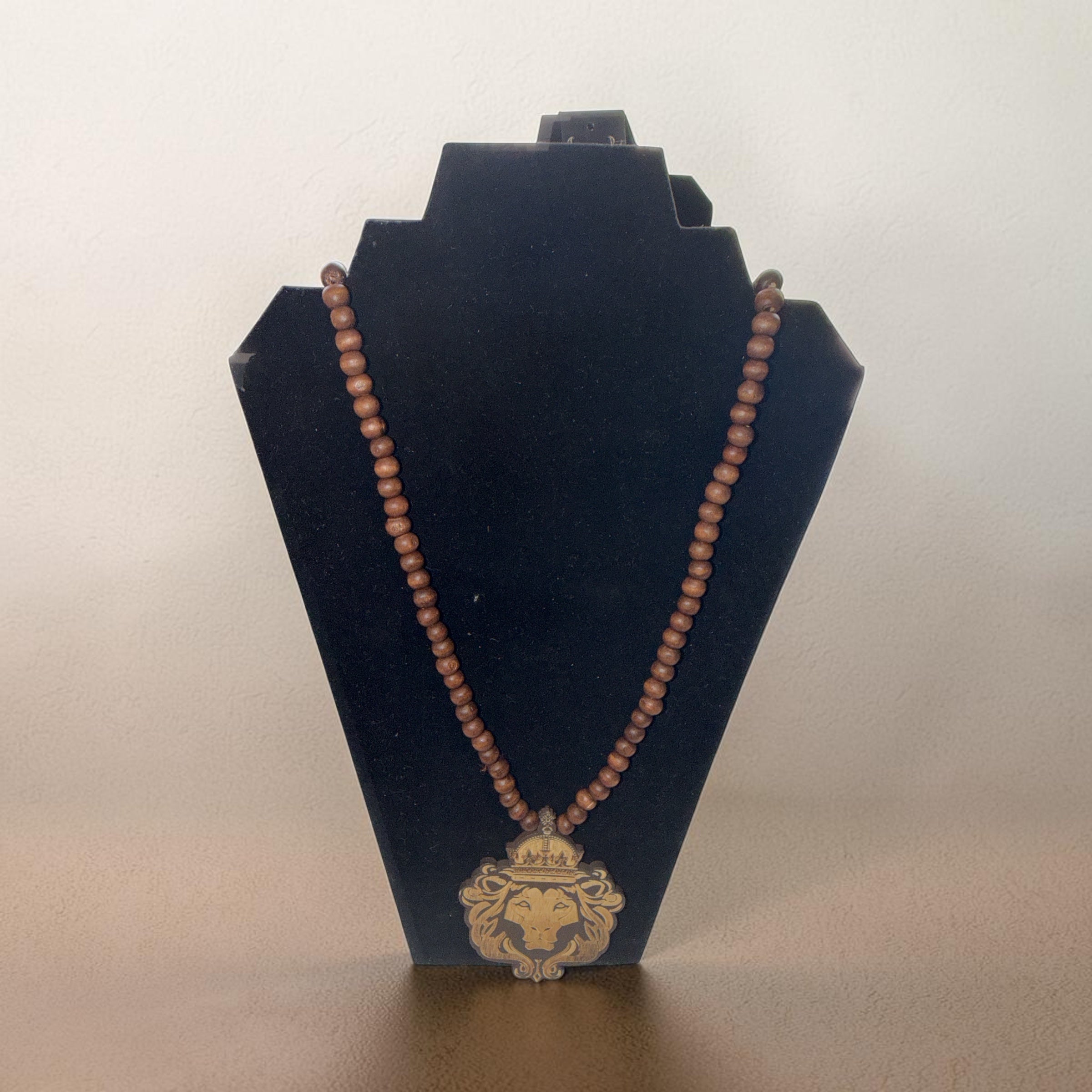 Crowned Lion Wooden Bead Necklace – Royalty, Strength & Purpose