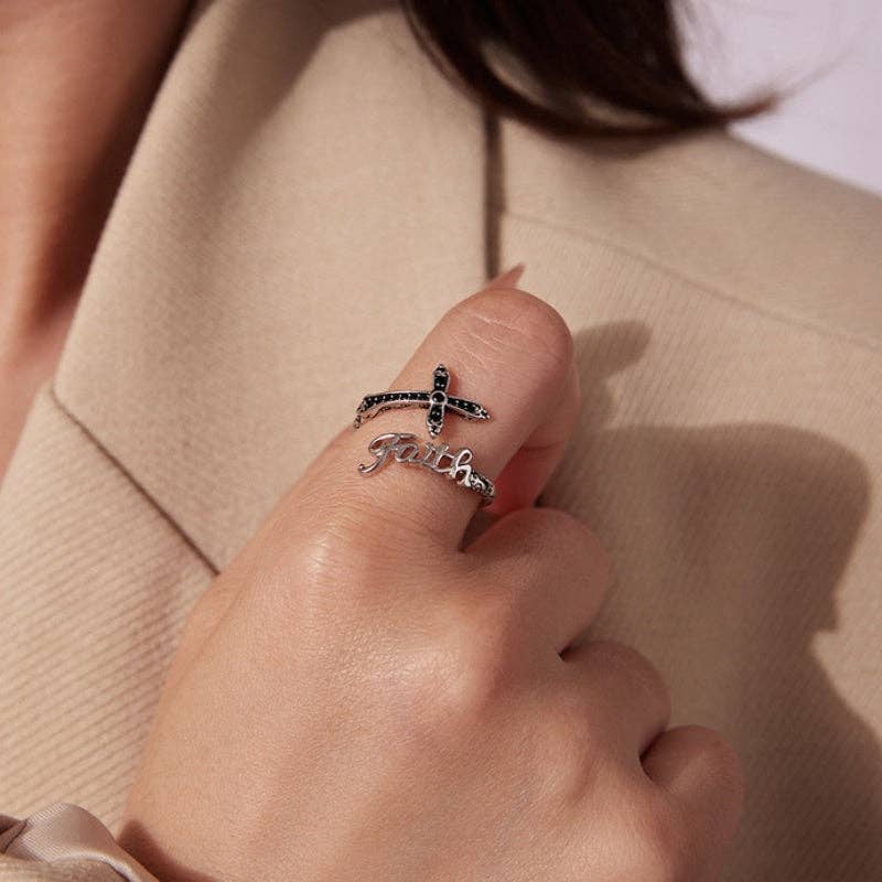 Vintage Black Stone Faith Cross Open Ring