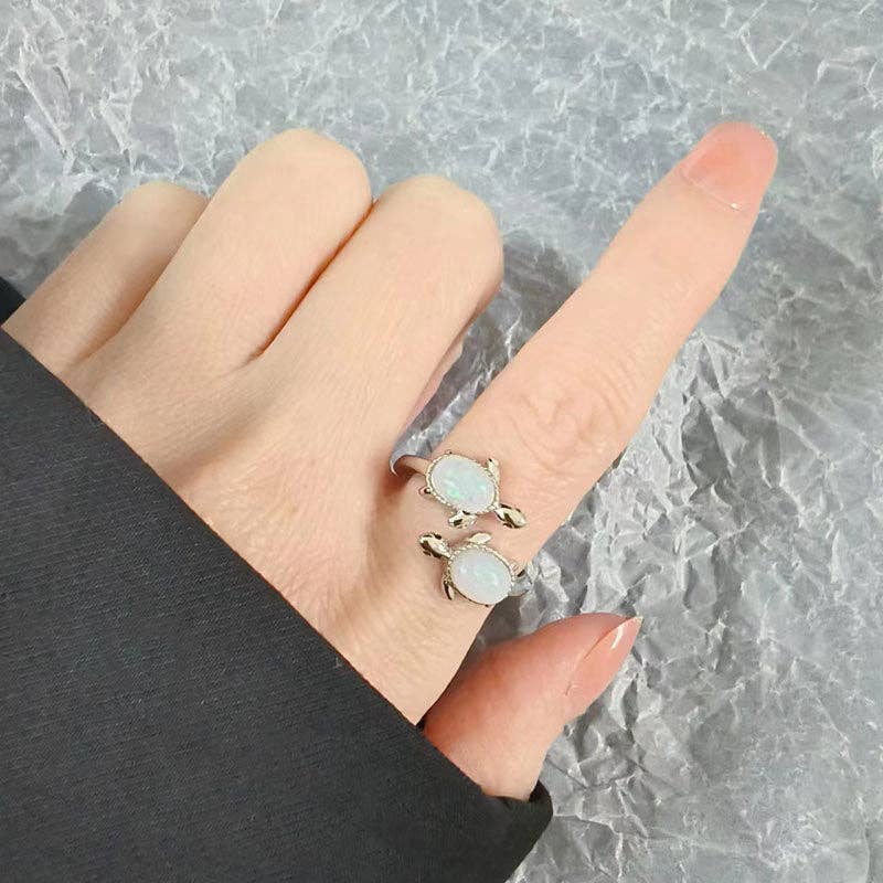 Double Opal Sea Turtle Silver Bypass Ring in Solid Copper