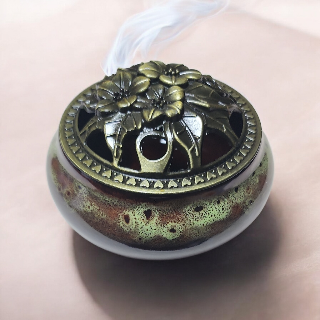 Incense Cone Burner Bowl (3 in.) - Brown & Green